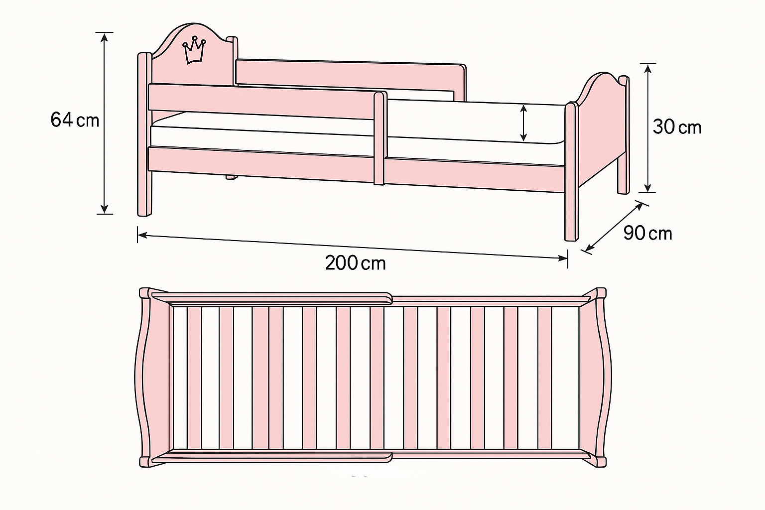 Technische Skizze Prinzessinnenbett 90x200cm mit Maßangaben
