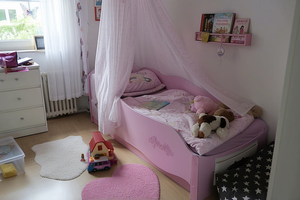 Kinderzimmer mit rosa Prinzessinnenbett mit Betthimmel